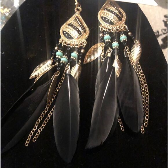 Black gold and teal bohemian feather drop earrings w dangle rope fringe tassel - Picture 1 of 7